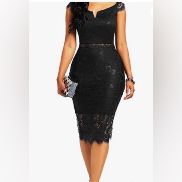NWT ALLANDWELL Women's Elegant Floral Lace Round Neck  Lace Dress size L black - Picture 1 of 16
